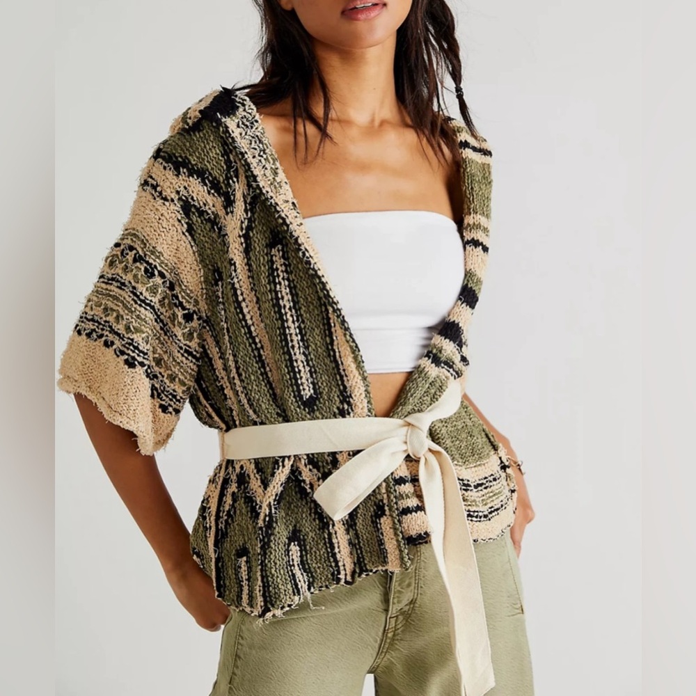 Free People Knit Boho Green Beige Cardigan Sweater Wrap NWT New Sz Small